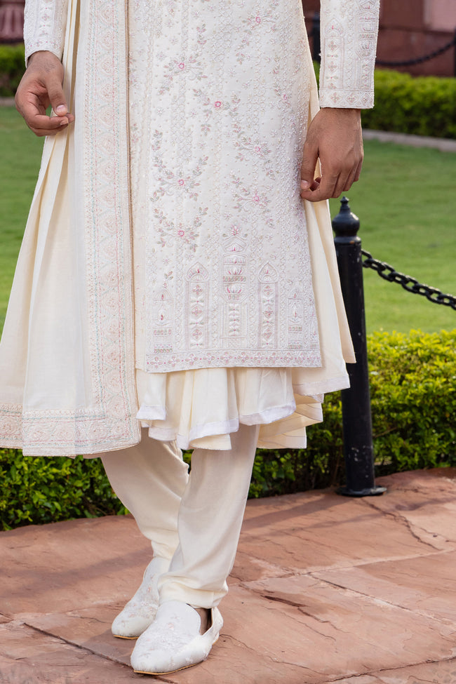 Off White Color Anarkali Style Groom Embroidered Sherwani Set For Men