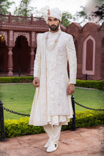 Off White Color Anarkali Style Groom Embroidered Sherwani Set For Men