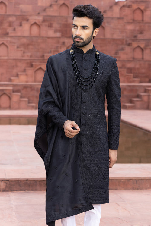 Dark Black Embroidered Sherwani Wedding For Men