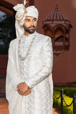 Cream Embroidered Wedding Wear Sherwani For Men