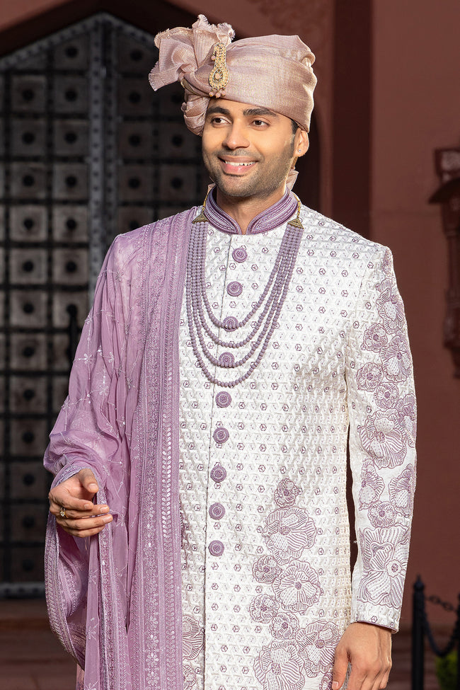 Cream Color Traditional Wear Designer Groom Wear Sherwani For Men