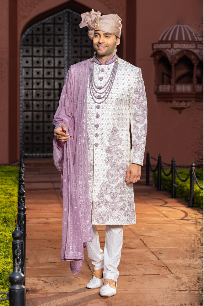 Cream Color Traditional Wear Designer Groom Wear Sherwani For Men