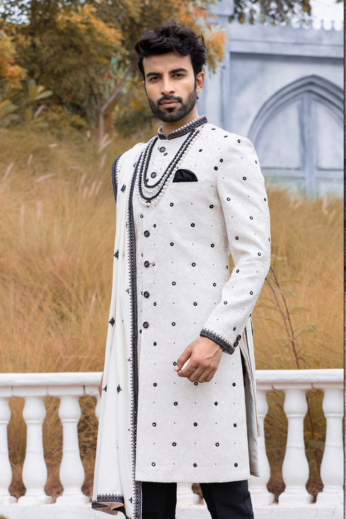 White Embroidered Wedding Wear Sherwani Set For Men