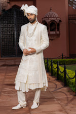 Off White Embroidered Anarkali Style Silk Sherwani For Men