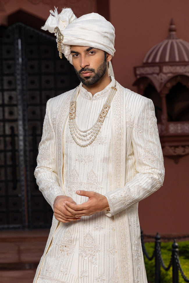 Off White Embroidered Anarkali Style Silk Sherwani For Men