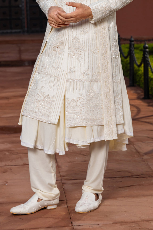 Off White Embroidered Anarkali Style Silk Sherwani For Men