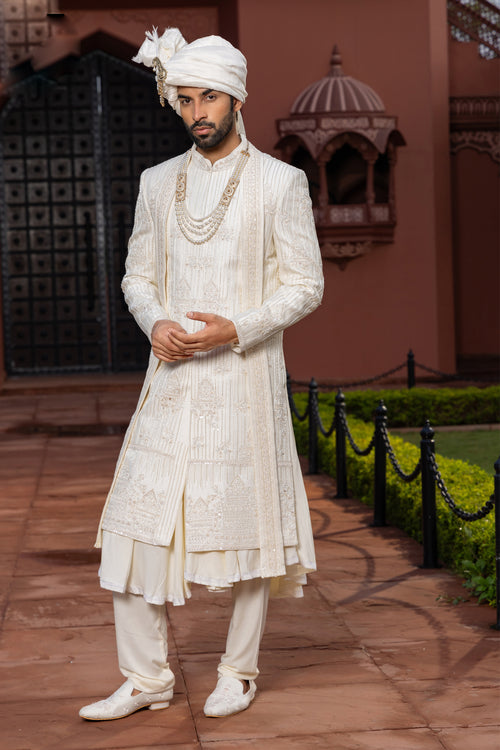 Off White Embroidered Anarkali Style Silk Sherwani For Men