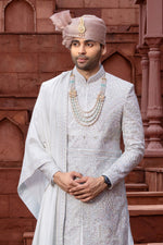 Sky Blue Embroidered Anarkali Style Sherwani In Art Silk For Men