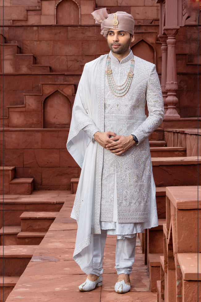 Sky Blue Embroidered Anarkali Style Sherwani In Art Silk For Men