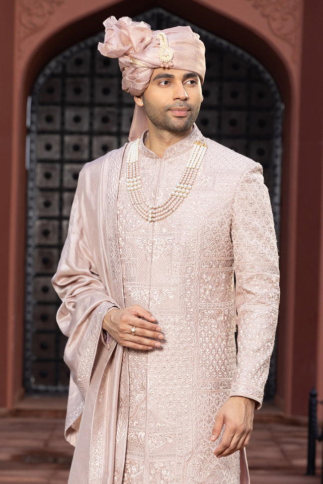 Light Pink Sherwani Set With Intricate Embroidery For Men