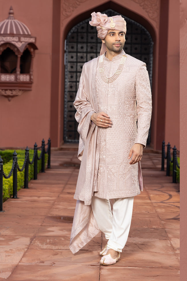 Light Pink Sherwani Set With Intricate Embroidery For Men