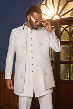 Royal white Art Silk Indo western Ensemble For Men Wedding Wear