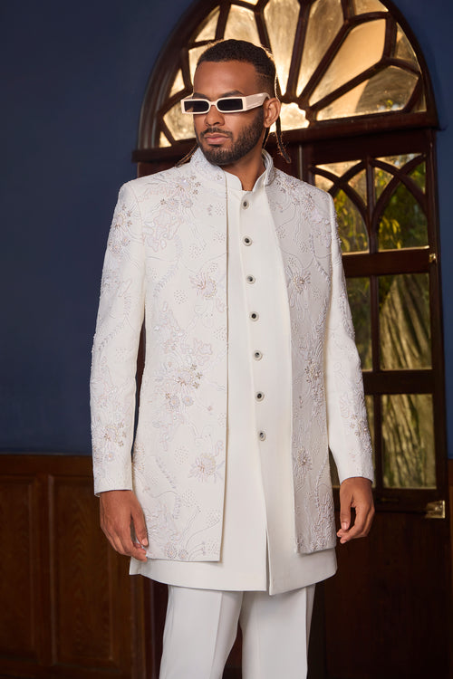 Royal white Art Silk Indo western Ensemble For Men Wedding Wear