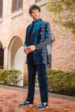 Regal Rama Blue Velvet Indo Western with Stone Work For Mens