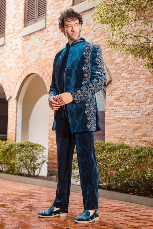 Regal Rama Blue Velvet Indo Western with Stone Work For Mens