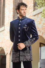 Regal Rama Blue Velvet Indo Western with Stone Work For Mens