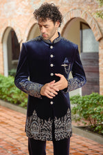 Navy Velvet Indo Western Suit with Cutdana Work For Mens
