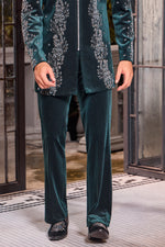 Green Velvet Indo Western with Moti and Mirror Work For Men