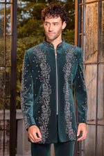 Green Velvet Indo Western with Moti and Mirror Work For Men