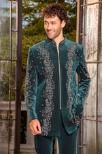Green Velvet Indo Western with Moti and Mirror Work For Men