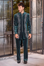 Green Velvet Indo Western with Moti and Mirror Work For Men
