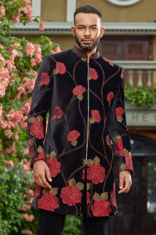 Luxurious Black Velvet zipper Indowestern with Cutdana & Sequins For Men's