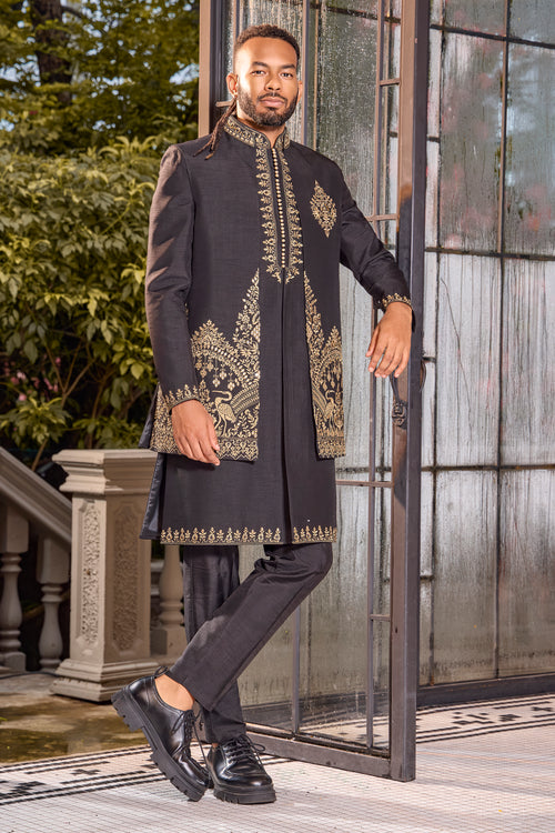 Designer Black Raw Silk Indowestern Set with Mirror Work