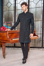 Black Embroidered Silk Indo Western Cutdana Work for Men