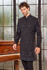 Black Embroidered Silk Indo Western Cutdana Work for Men