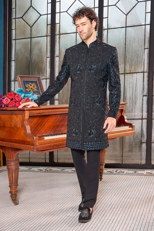 Black Embroidered Silk Indo Western Cutdana Work for Men