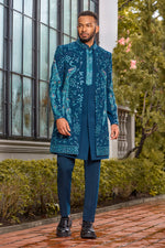 Luxury Teal Blue Silk Indowestern with Zari, Resham & Moti