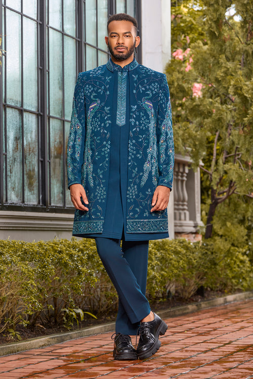 Luxury Teal Blue Silk Indowestern with Zari, Resham & Moti