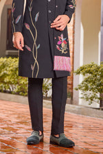 Black art silk stone work indo western with dupatta For Men