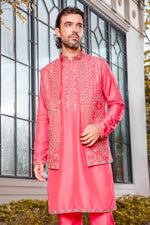 Pink Silk Indo Western With Resham Embroidery For Mens