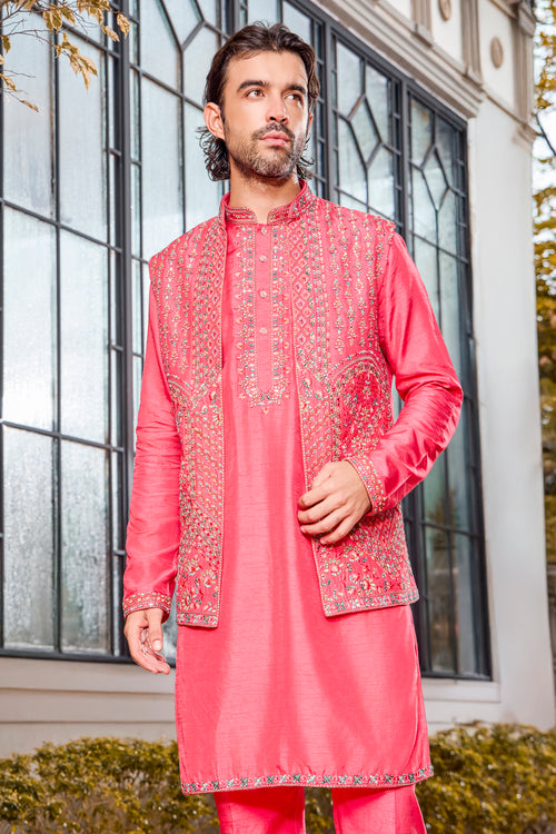 Pink Silk Indo Western With Resham Embroidery For Mens
