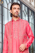Pink Silk Indo Western With Resham Embroidery For Mens