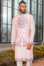 Light Pink Silk Indo Western With Mirror & Resham Embroidery For Mens