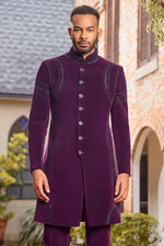 Purple Velvet Cutdana Indo Western with Pants For Men
