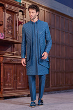 Elegant Blue Silk Indo-Western Embroidery & Moti Work For Men