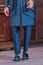 Elegant Blue Silk Indo-Western Embroidery & Moti Work For Men