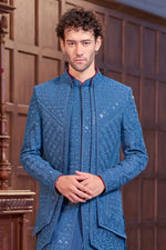 Elegant Blue Silk Indo-Western Embroidery & Moti Work For Men