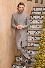 Designer Grey Art Silk Jacket Beads & Cutdana Embroidery For Men