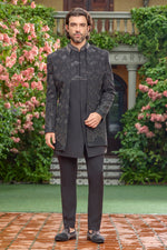 Black art silk sequins thread indo western jacket For Men