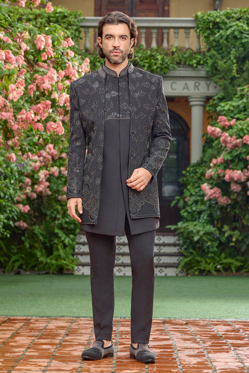 Black art silk sequins thread indo western jacket For Men