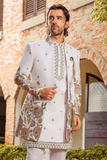 White art silk sequins embroidered indo western jacket For Men