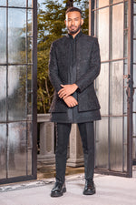 Black art silk cutdana embroidered indo western jacket For Men