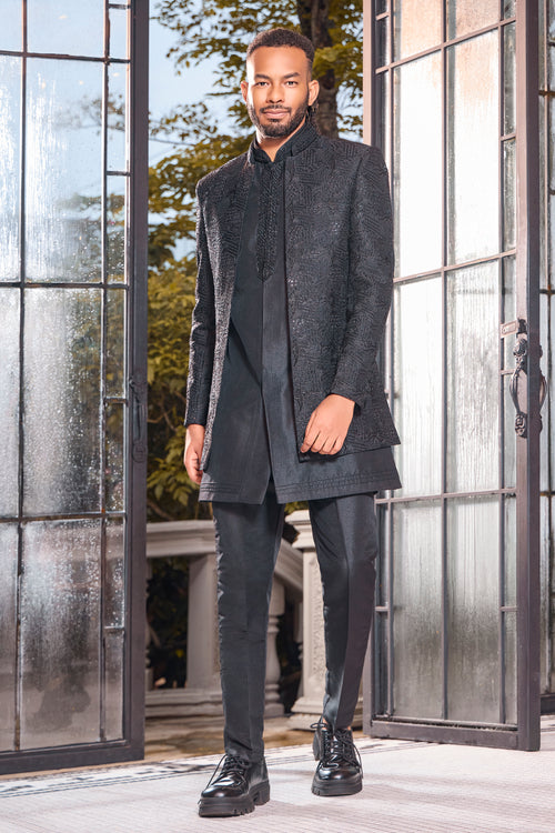 Black art silk cutdana embroidered indo western jacket For Men