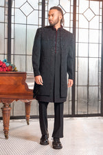 Black art silk beaded stone work indo western jacket For Men