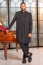 Black art silk beaded stone work indo western jacket For Men