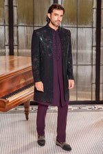 Black and purple art silk royal indo western jacket For Men